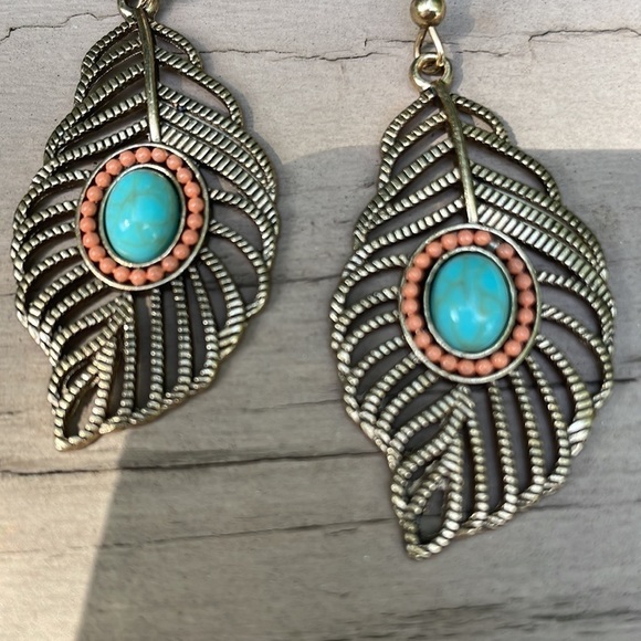 Feather Turquoise Stone Silver Drop Earrings - Picture 9 of 14